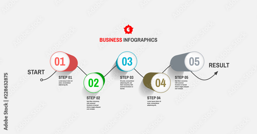 Startup infographic template with five steps. Business concept. Vector illustration for marketing, research, statistics and analytics.