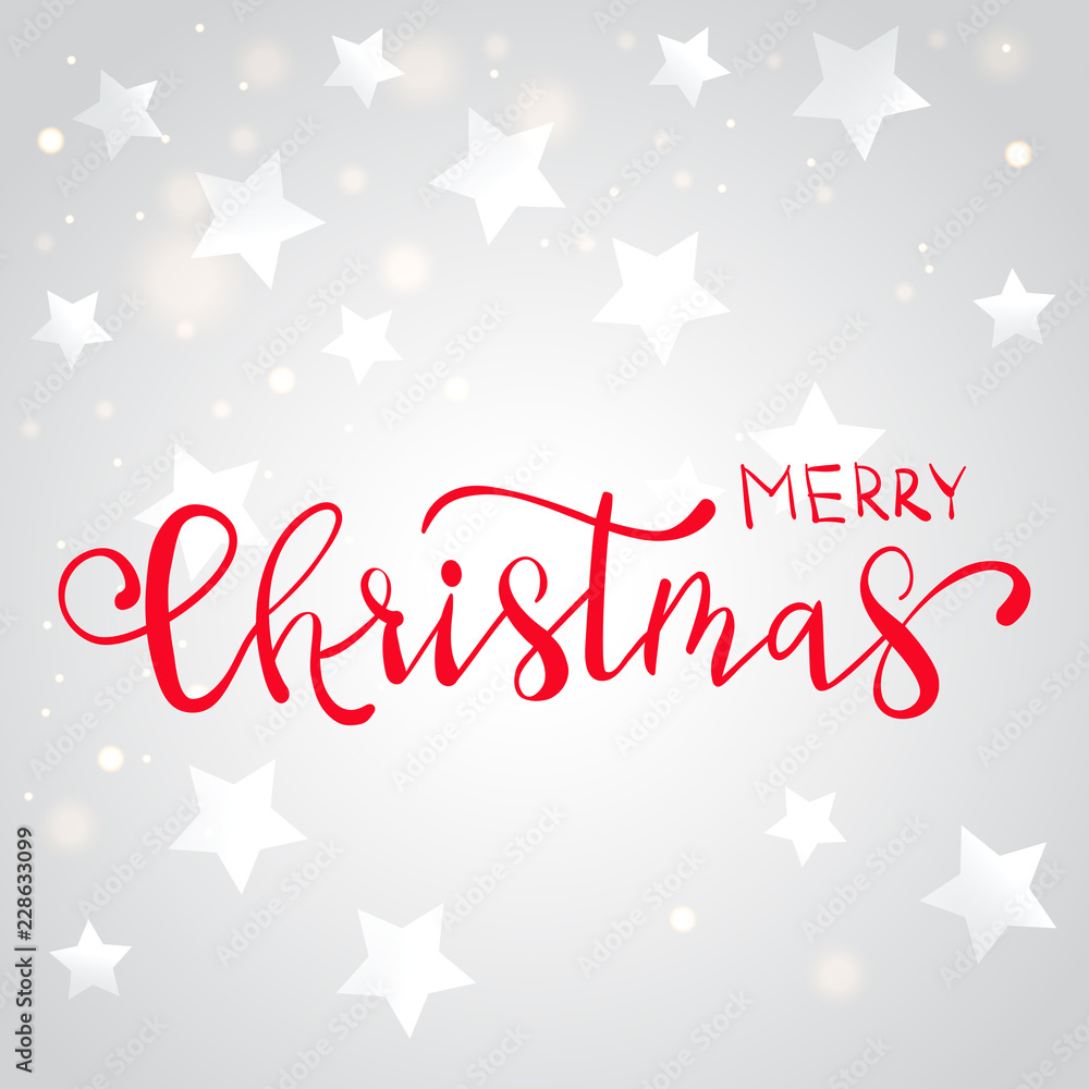 Red Christmas hand written lettering card with stars