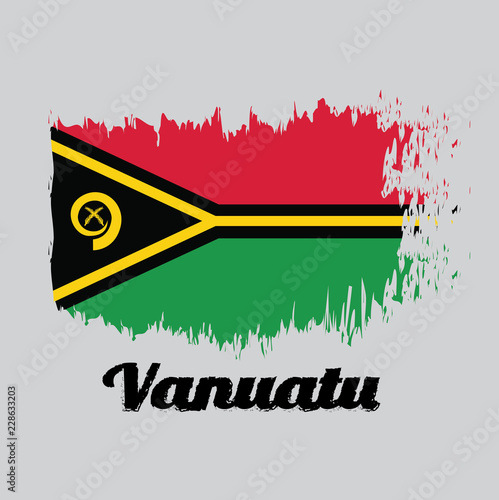 Brush style color flag of Vanuatu, red and green with black and yellow color boar's tusk encircling two crossed fern fronds in the center and the golden pall with text Vanuatu.