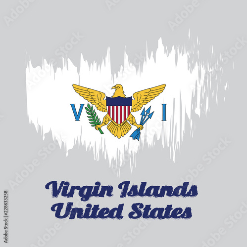 Brush style color flag of Virgin Islands, the coat of arms of the United States between the letters V and I. with text Virgin Islands.