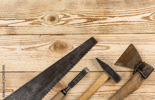 Woodworking tools and wood background
