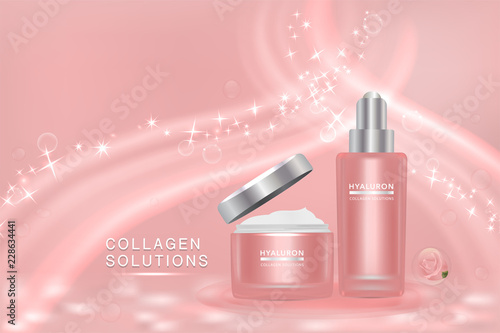 Beauty product, pink cosmetic containers with advertising background ready to use, luxury skin care ad, illustration vector.