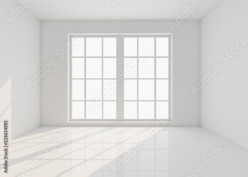 Empty white room with window and sunlight. 3d illustration;
