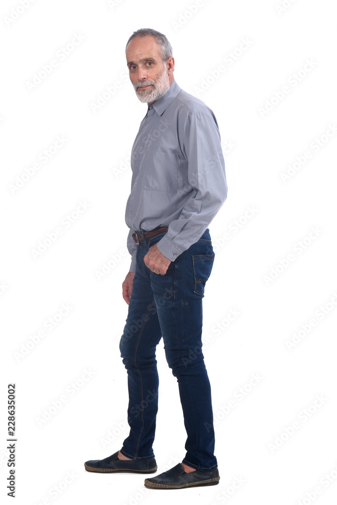 middle-aged man with blue jeans and shirt on white background middle-aged man with blue jeans and shirt on white background