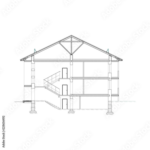 Detailed multi-storey building. Cross-section house. Vector black and white blueprint.
