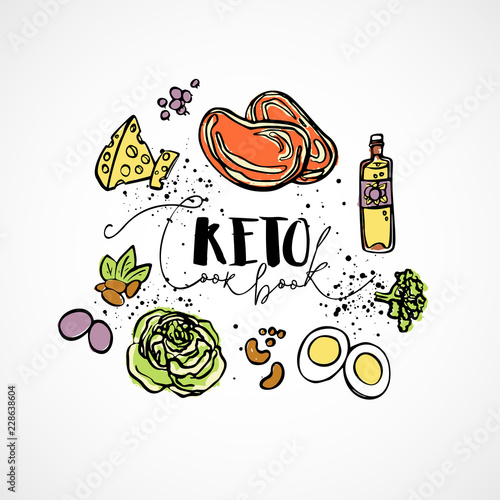 Keto Cook Book - vector sketch illustration - multi-colored sketch healthy concept. Healthy keto diet Cook Book with texture in a circle form - all nutrients, like fats, carbs and proteins and food