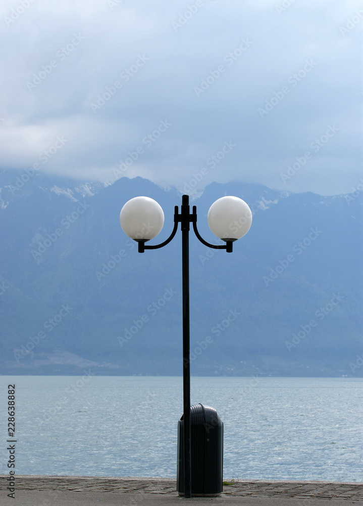 View of Lake Geneva and the Alps from the city of Montreux, Switzerland