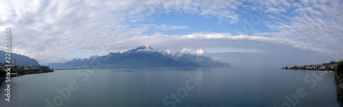 Switzerland  Montreux  panoramic view of Lake Geneva and the Alps in cloudy weather