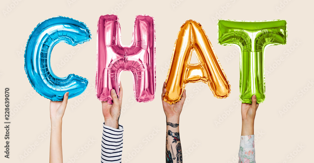 Hands showing chat balloons word