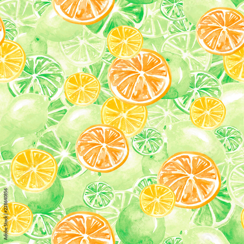 Vintage seamless pattern with watercolors - from tropical fruit, citrus spray, lemon, orange, lime, grapefruit paint splash. Bright fashionable background. Citrus Tropical Fruit Watercolor