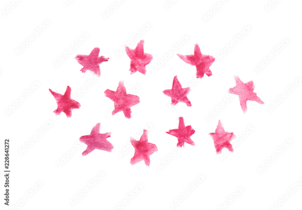 Set of simple abstract stars painted in bright pink watercolor on clean white background Set of simple abstract stars painted in bright pink watercolor on clean white background