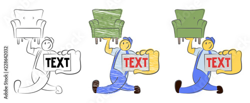 Strong moving service guy loader. A funny loader showing a blank piece of paper. Repair, building, construction, loading, transportation and delivery concept. Strong man holds a chair with one hand.