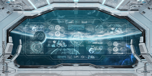 Fototapeta Naklejka Na Ścianę i Meble -  White spaceship interior with control panel digital screens 3D rendering