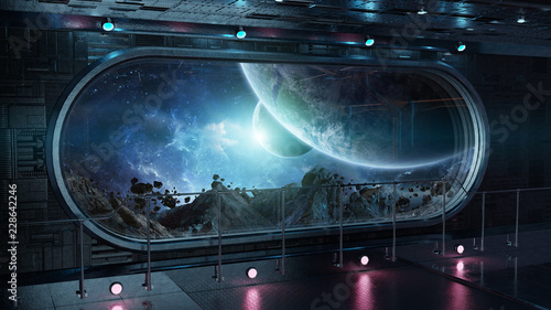 Fototapeta Naklejka Na Ścianę i Meble -  Black tech spaceship round window interior background 3D rendering