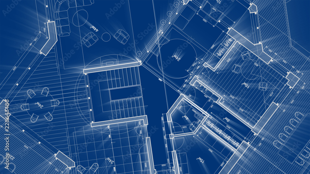 Architecture design: blueprint plan - illustration of a plan modern residential building / technology, industry, business concept illustration: real estate, building, construction, architecture