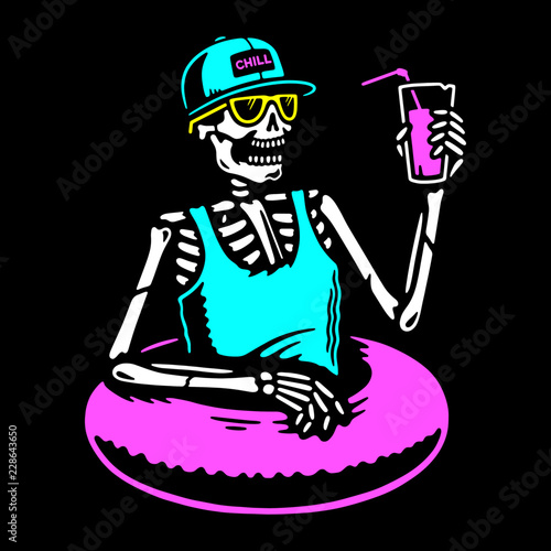 SKELETON CHILLING WITH COCKTAIL AND SWIM RING MULTICOLOR BLACK BACKGROUND
