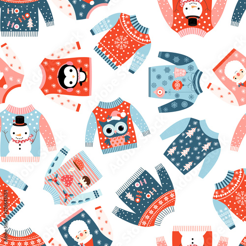 Cute Christmas vector seamless pattern with ugly cute sweaters in blue, red and pink colors with kawaii winter drawings