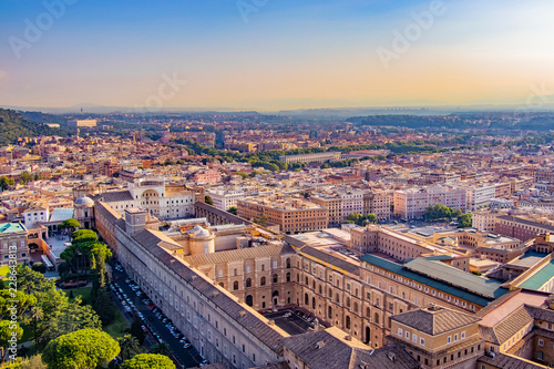 View from the temple of St. Peter's Cathedral on the Vatican square at sunrise. It is situated in Italy in Europe.