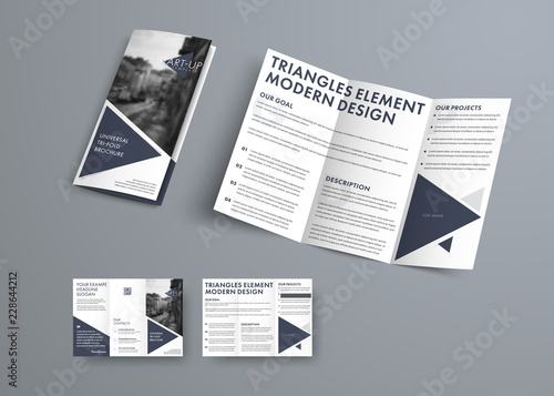 Tri-fold brochure design in modern style with triangular elements and space for photo.