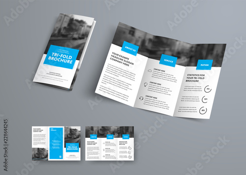 Tri-fold vector brochure template with blue rectangular elements for headers. photo