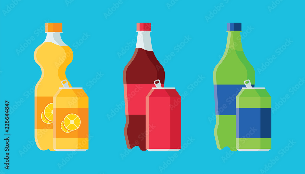 Set of soda in plastic bottles and aluminum cans in flat style with long shadow isolated on blue background. Collection of soda and juice vector illustration for web and mobile design. Set of soda in plastic bottles and aluminum cans in flat style with long shadow isolated on blue background. Collection of soda and juice vector illustration for web and mobile design.