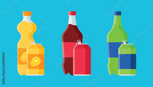 Set of soda in plastic bottles and aluminum cans in flat style with long shadow isolated on blue background. Collection of soda and juice vector illustration for web and mobile design.