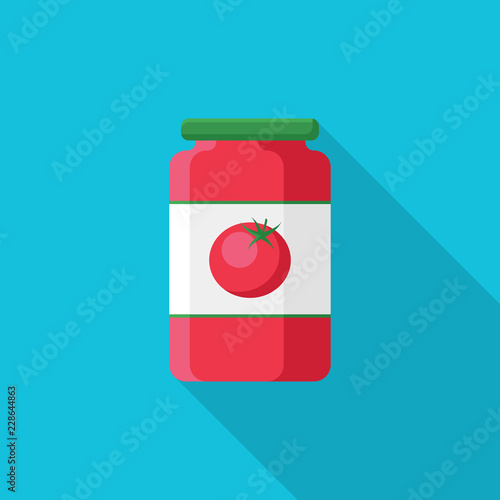 Tomato paste in glass jar flat icon with long shadow isolated on blue background. Simple tomato paste in flat style, vector illustration for web and mobile design.