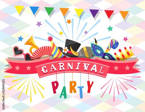 Carnival Party. Greeting card with colorful festive elements. Flat design. Vector illustration.