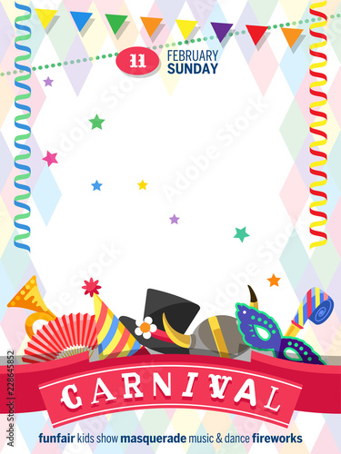Template poster for Carnival Party with colorful festive elements separated on white background. Place for your text message. Flat design. Vector illustration.