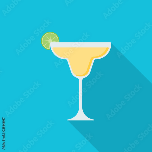 Margarita cocktail flat icon with long shadow isolated on blue background. Simple alcoholic drink in flat style, vector illustration.