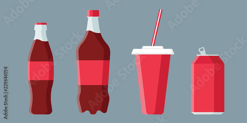Set of soda drinks in flat style with long shadow isolated on grey background. Collection of paper cup, plastic and glass bottles vector illustration. photo
