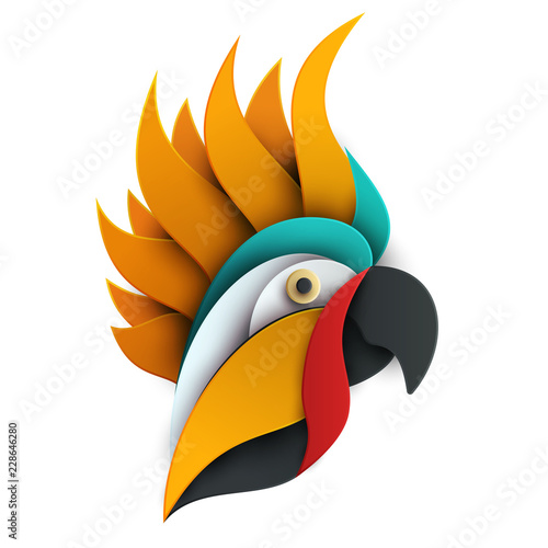 Cartoon exotic parrot bird in trendy paper cut craft graphic style. Modern design for advertising, branding greeting card, cover, poster, banner. Vector illustration.