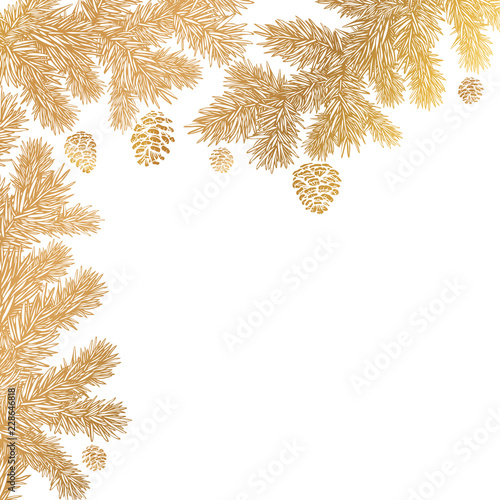 Festive vector background with Golden branches of the Christmas tree with cones.