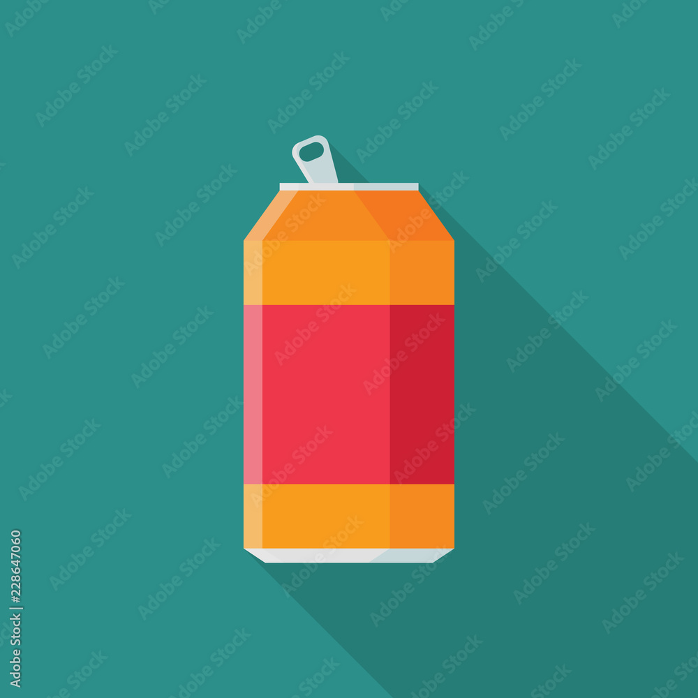 Soda in aluminum can flat icon with long shadow isolated on blue background. Simple opened soda can in flat style, vector illustration. Soda in aluminum can flat icon with long shadow isolated on blue background. Simple opened soda can in flat style, vector illustration.