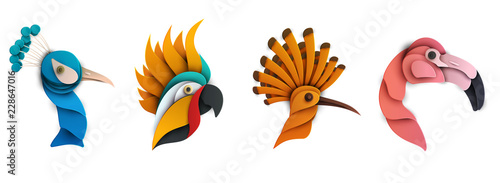 Set of cartoon exotic bird in trendy paper cut craft graphic style. Peacock, hoopoe, flamingo, parrot. Modern design for advertising, branding greeting card, cover, poster, banner. Vector illustration © cgterminal