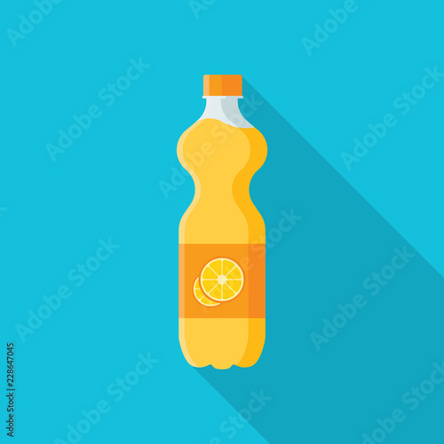 Orange Juice in plastic bottle flat icon with long shadow isolated on blue background. Simple fruit juice in flat style, vector illustration.