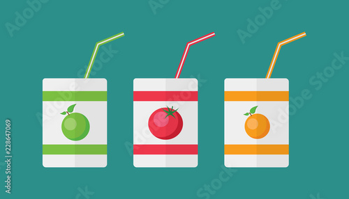Set of packs with juice and straw in flat style with long shadow isolated on blue background. Collection of Juice vector illustration for web and mobile design. 