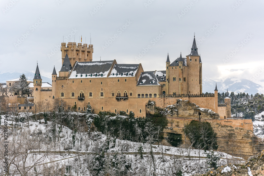 View of the Alcazar of Segovia in winter, a winter trip to spend Christmas in the interior of Spain