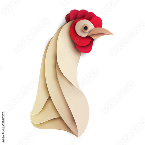 Chicken head. Cartoon farm bird in trendy paper cut craft graphic style. Modern design for advertising, branding greeting card, cover, poster, banner. Vector illustration.