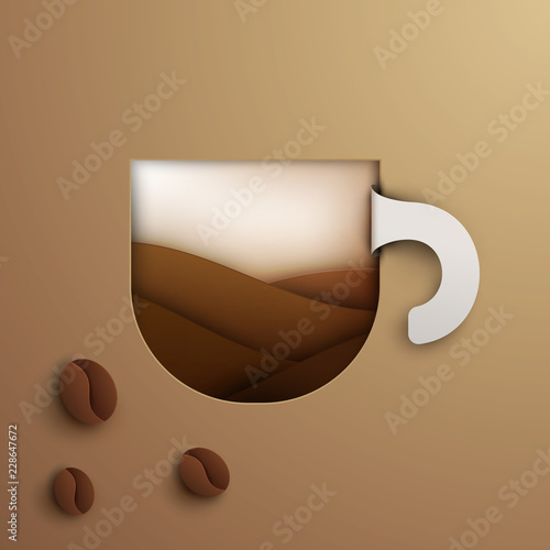 Coffee cup in paper cut style. Concept colorful handmade design for background cover, poster, flyer. Vector illustration.