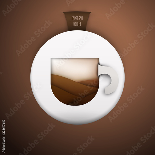3d vector paper cut coffee composition with mug. Cartoon art illustration in minimalistic craft carving style. Modern layout colorful concept for background banner, cover, poster, card.
