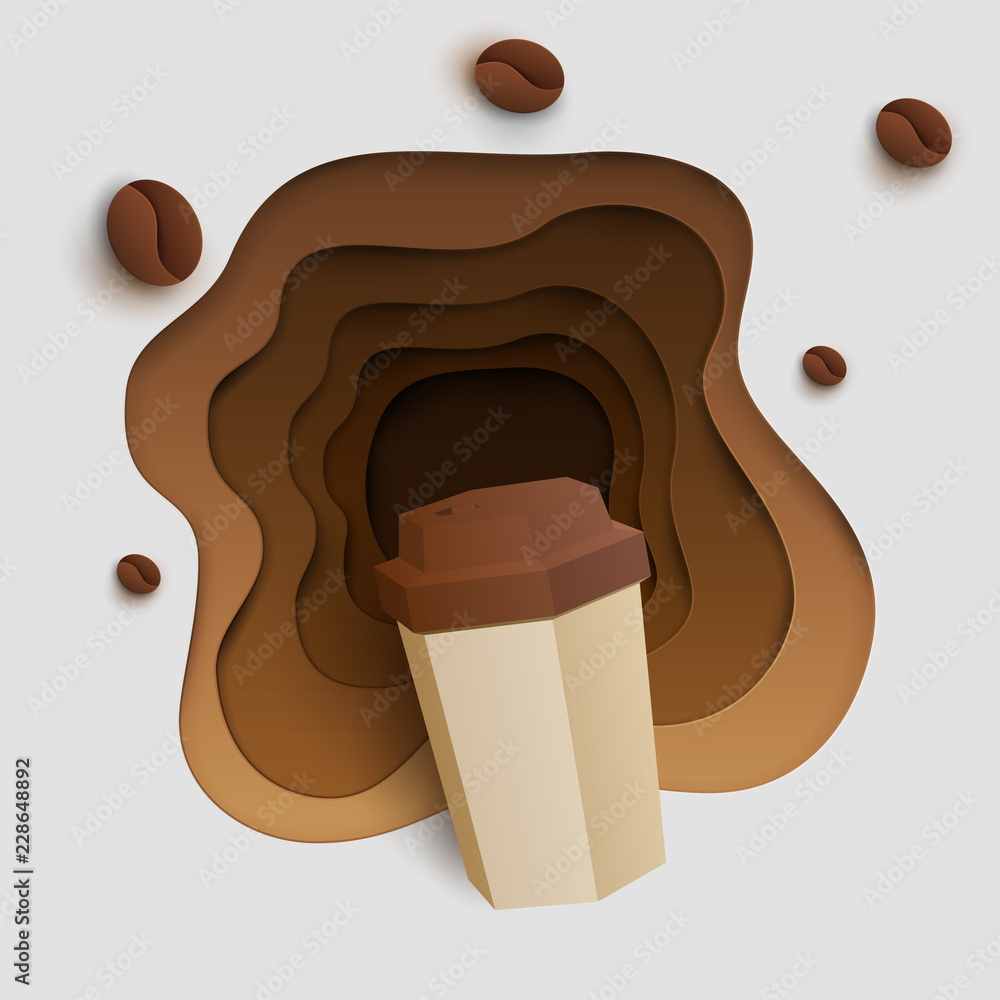 Obraz premium 3d vector paper cut coffee composition with mug and beans. Cartoon art illustration in minimalistic craft carving style. Modern layout colorful concept for background banner, cover, poster, card.