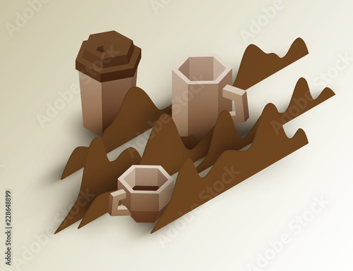 Coffee cup in paper cut style. Concept colorful handmade design for background cover, poster, flyer in isometric view. Vector illustration.