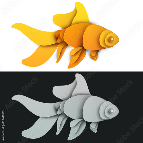 Cartoon exotic gold fish in trendy paper cut craft graphic style. Modern design for advertising, branding greeting card, cover, poster, banner. Vector illustration.