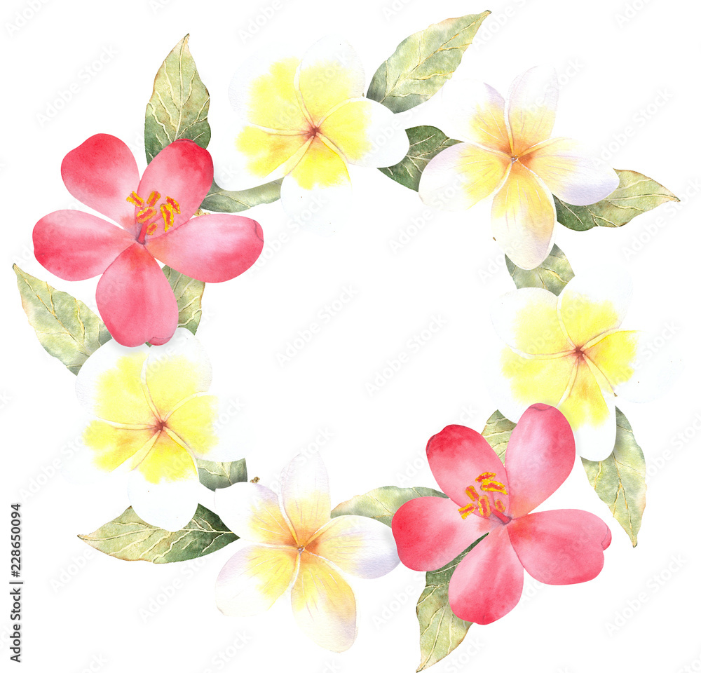 Tropical flowers watercolor wreath