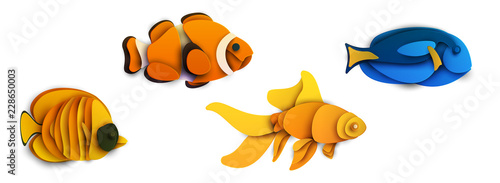 Set of cartoon exotic fish in trendy paper cut craft graphic style. Modern design for advertising, branding cover, poster, banner. Vector illustration.