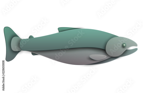 Cartoon fish salmon in trendy paper cut craft graphic style. Modern design for advertising, branding greeting card, cover, poster, banner. Vector illustration.