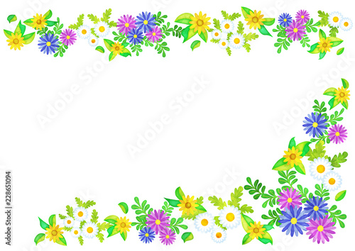 水彩風の花のブラシと飾り(ノースポール,アフリカンデージー,メランポジウム) © 深澤カラス