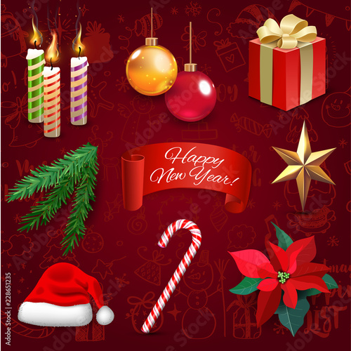 Christmas new year holiday decoration realistic icons set vector illustration. Background with megaset of Christmas doodles photo