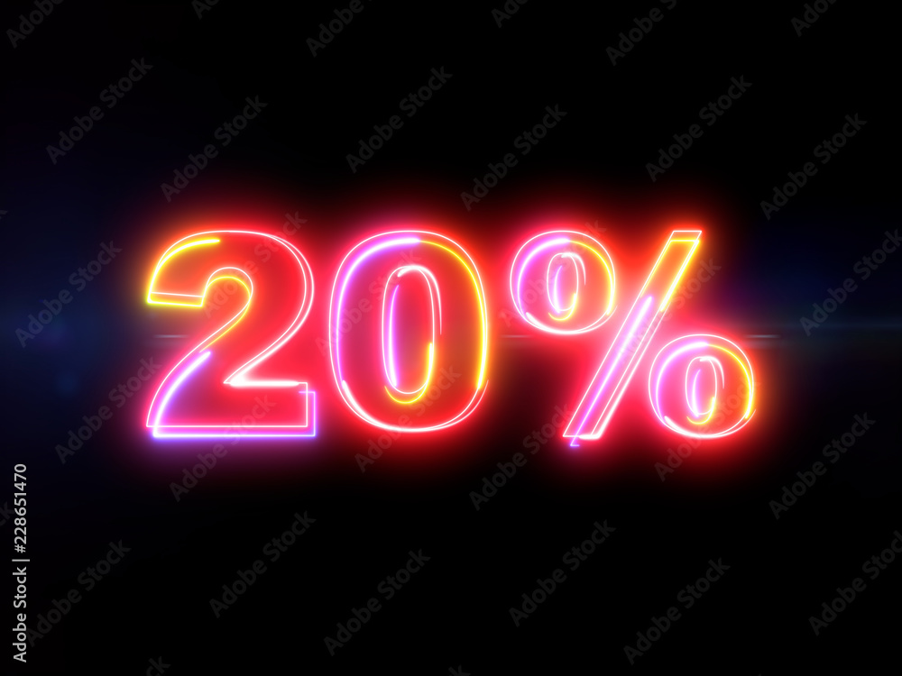 20 percent sign - colorful glowing outline alphabet symbol on blue lens flare dark background 20 percent sign - colorful glowing outline alphabet symbol on blue lens flare dark background